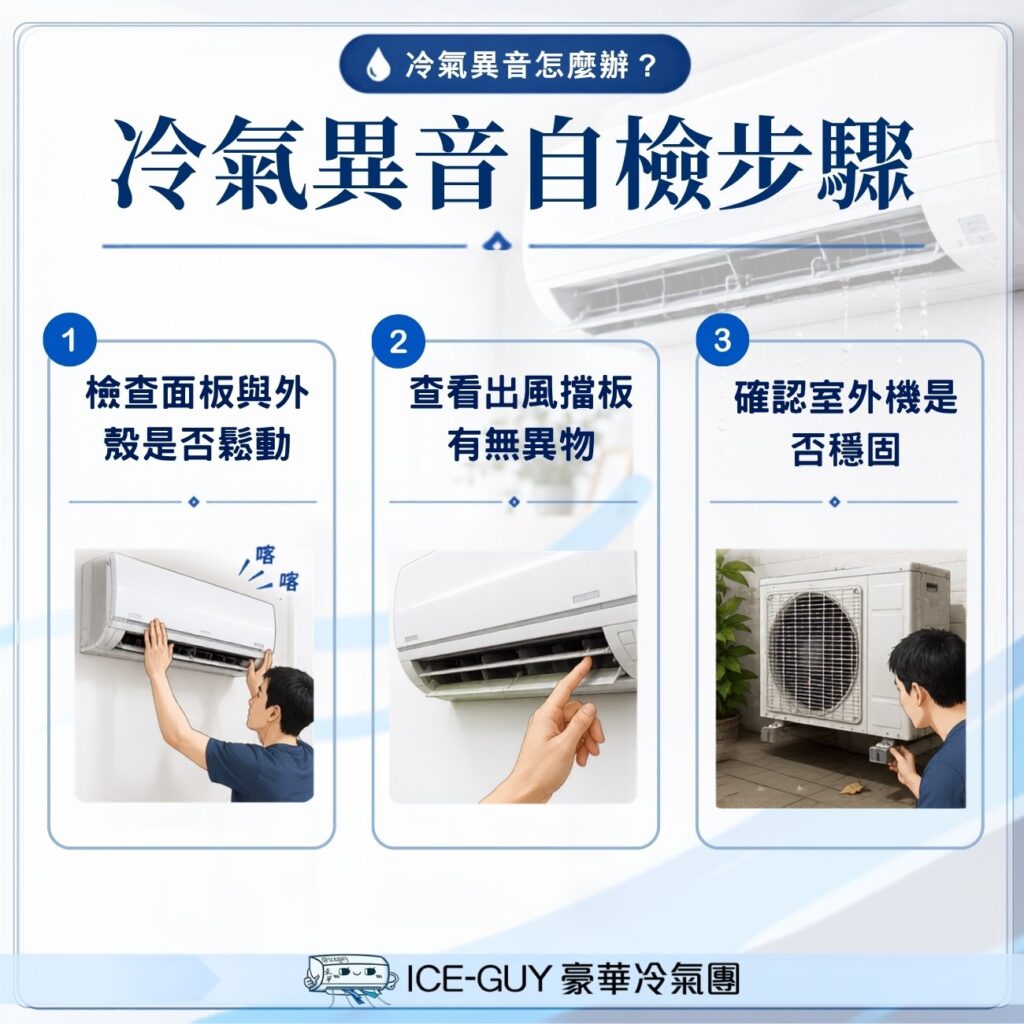 冷氣異音自檢小步驟：確認面板、擋板與室外機